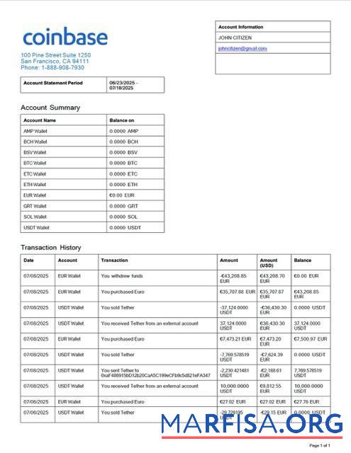 Realistic USA Coinbase account statement word example